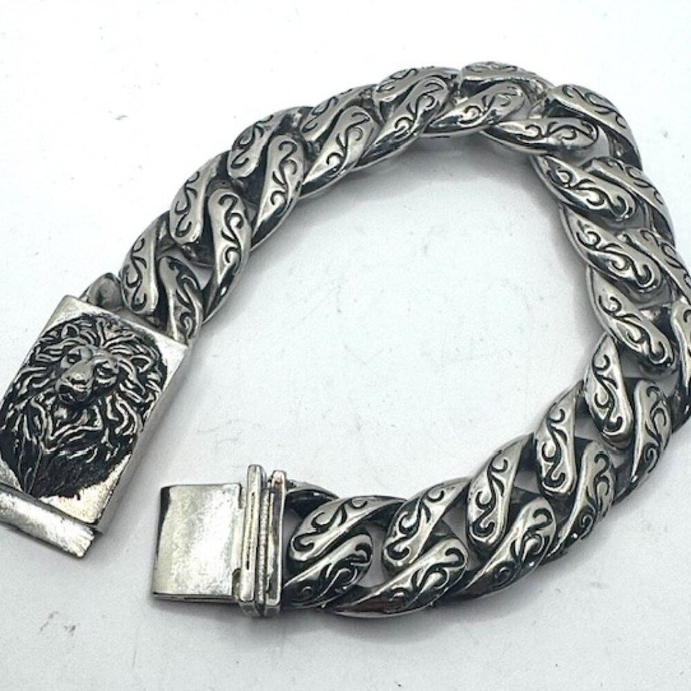 C'est Magnifique Lions Head Fancy Link Heavy 8" Silver BRACELET 86g
